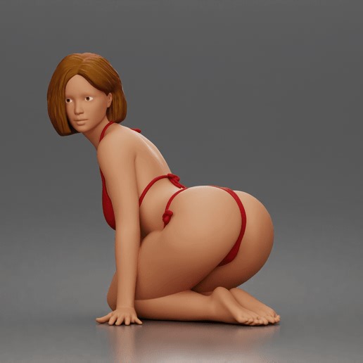 Kneeling beach woman posing elegantly in tied bikini swimwear set