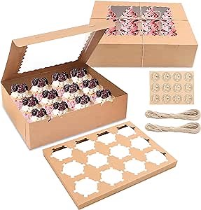 MAMUNU 10-Set Cupcake Boxes, 13x10x3.6 inch Brown Cupcake Boxes 12 Count, Hold 12 Standard Cupcakes, Kraft Cupcake Container Holder with Windows and Insert for Muffins Cookies, Cupcakes Pastries