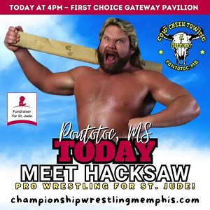 — TODAY — Meet Hacksaw Jim Duggan at 4 PM! 👍🇺🇸 HOOOOOOOOOO!! 🎟️ championshipwrestlingmemphis.com ￼ | Memphis Wrestling