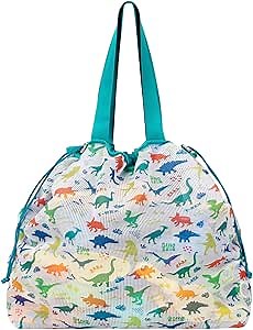 Extra Large Beach Toy Bag with Drawstring - Lightweight Mesh Tote Bag for Sand Toys, Beach Swinmming Pool Essentials, Dino Green