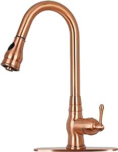 Akicon One-Handle Pull-Down Kitchen Faucet Single Level Solid Brass Kitchen Sink Faucet with Deck Plate (Copper)