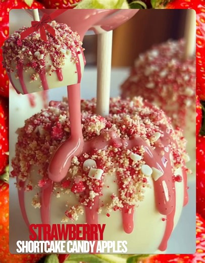 Strawberry Shortcake Candy Apples Ingredients: 6 medium apples, washed and dried 2 cups white chocolate chips 1 cup freeze-dried strawberries, crushed 1/2 cup crushed shortcake cookies or graham crackers 1/4 cup powdered sugar 6 wooden sticks Directions: Prepare Apples: Insert a wooden stick into the top of each apple, pushing it about halfway through for stability. Melt Chocolate: Place the white chocolate chips in a microwave-safe bowl. Heat in 30-second intervals, stirring after each, until s
