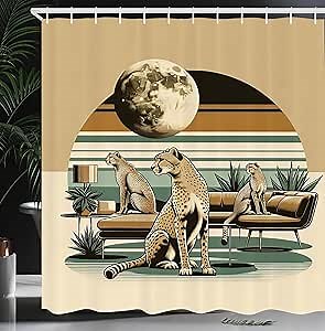Ambesonne Cheetah Shower Curtain, Classic Look Mid Century Modern Scene with 3 Wild Cats Chilling Full Moon, Cloth Fabric Bathroom Decor Set with Hooks, 69" W x 84" L, Camel and Pale Teal