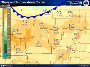 Here were observed temperatures across northeast Montana as the cold front came through this afternoon. Overnight lows are forecast to drop as low as 40°F along the International Border and down into the low 50s near the I-94 corridor. | US National Weather Service Glasgow Montana