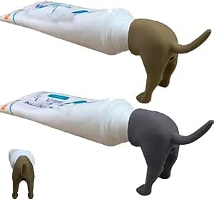 Pooping Dog Butt Toothpaste Topper - 2pcs Funny Toothpaste Dispenser, Creative Bathroom Toothpaste Accessory for Kids and Adults (Brown+Grey)