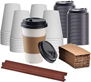 50 Sets Disposable Coffee Cups with Lids & Sleeve, 12 oz to Go Coffee Cups Leakproof Paper Coffee Cups Hot Beverage Cups for Hot and Cold Drinks