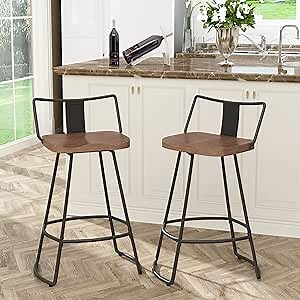 Yongqiang 24" Swivel Bar Stools with Backs Set of 2 Metal Counter Height Bar Chairs with Wooden Seat Industrial Barstools Matte Black
