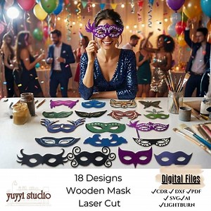 18 Designs Wooden Mask Laser Cut Vector | Masquerade, Mardi Gras & Halloween Mask Bundle - Etsy Canada