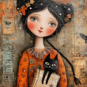 15 cliparts lunatiques de fille et de chat JPG – Illustrations florales d'art populaire pour le collage de journaux indésirables