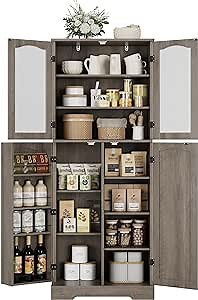 HOSTACK Kitchen Pantry Storage Cabinet, 64" Tall Pantry Cabinet, Modern Kitchen Cupboard with Glass Doors and Adjustable Shelves for Dining Room, Ash Grey