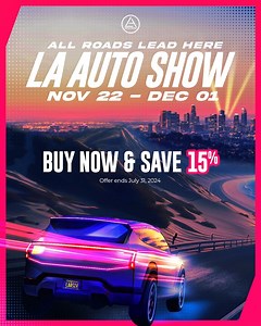 Don't miss out! Get 15% off Any Day & Mon-Thu Weekday tickets to the 2024 LA Auto Show. This limited-time offer ends July 31, so grab your tickets early and join us for the ultimate automotive experience! #LAAutoShow2024 🎟️: laautoshow.seetickets.com/content/ticket-options | Los Angeles Auto Show