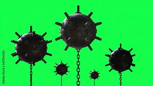 4k 3d rendering on the green screen . Naval underwater mines. Explosive bombs floating