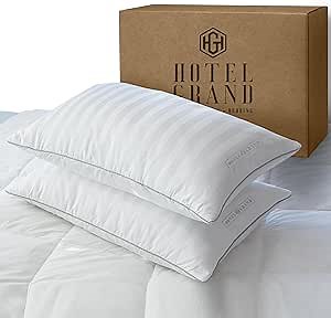 Hotel Grand Fluffy Feather Down Pillow 100% Cotton Queen Size Pillow Set of 2 Pack Medium Firm Hypoallergenic Pillows for Back/Side Sleeper Bed Pillows,20"x28"(Pack of 2)