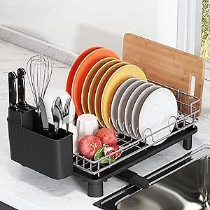 romision Dish Drying Rack for Kitchen Counter, Dish Strainers with Drainboard, Stainless Steel Dish Drainers with Unique Removable Cup Holder, Kitchen Organizers and Storage for Dishes, Bowls