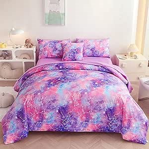 6 Pcs Purple Twin Bedding Set for Girls, Galaxy Twin Girls Bedding Set