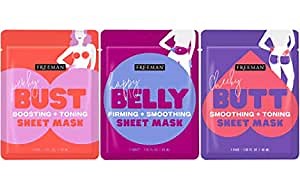 Freeman Sheet Mask Collection, Bust, Booty, & Belly Masks, For Toning, Hydrating, & Firming Skin, Includes Peptide Complex, Sheet Mask Bundle, Smooth Chest, Butt, & Tummy, Vegan, 3 Count