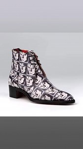 Maker / Brand: Designed by Guy West for Jeffery-West Dated: 1998-1999 Materials: Leather Significance: These boots take Northampton’s long standing tradition of making classic English men’s shoes and with the Jeffery-West own twist. Key Detail: The leather has been digitally printed with a repeated image of Peter Murphy. " B A U H A U S " #gothmagazine #guywest #jeffeeywest #nothampton #shoes #PeterMurphy #bauhausband #bauhaus #englishshoes | Goth Magazine Past Present and Forever