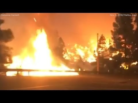 Woman captures dramatic video driving through flames while fleeing Woolsey Fire in Malibu | ABC7