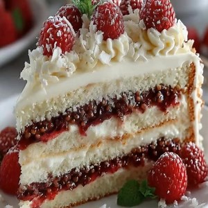 White Chocolate Raspberry Truffle Cake Elegant, all-white layers with berry burst! Who loves white chocolate? Ingredients: - 2 cups all-purpose flour - 1 cup white chocolate chips, melted - 1 cup fresh raspberries, divided some for filling, some for garnish - 1 cup granulated sugar - 1/2 cup unsalted butter, softened - 4 large eggs - 1 cup whole milk - 1 teaspoon baking powder - 1/2 teaspoon baking soda - 1/2 teaspoon salt - 1 teaspoon vanilla extract - 1/2 cup raspberry jam for the truffle laye