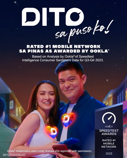 DITO na si Dingdong Dantes and Marian Rivera sa Rated #1 Mobile Network sa Pinas! As awarded by Ookla® based on Analysis by Ookla ® of Speedtest Intelligence Consumer Sentiment Data for Q3-Q4 2023. At dahil nationwide ang coverage, mapupusuan mo DITO. Tara, DITO na tayo! ❤💙💛 #DITOsaPusoKo | DITO Telecommunity
