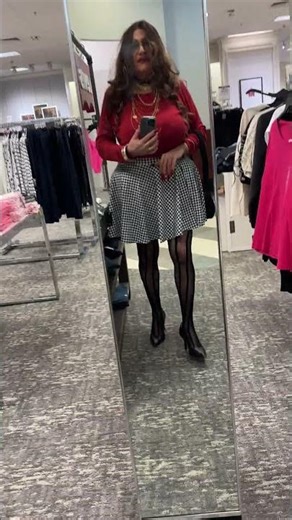 Busty Cross Dresser 188 Skater Skirt, Red Top