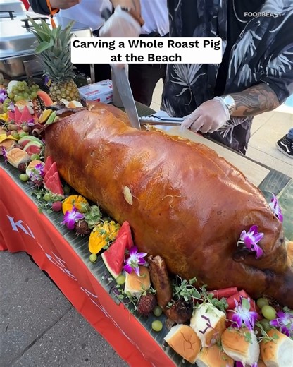 Lechon doesn't get fresher than this! Had a whole roast pig brought to the beach for our island event! 🐖 Prepared by Lolas By MFK | Foodbeast