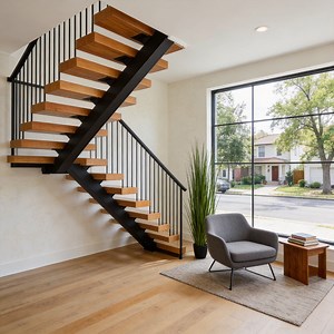 [Hot Item] Elegant Single Stringer Staircase Modern Open Riser Stair with Steel Spine for Luxury House Interior