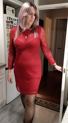 Red lace dress with sheer stockings - Glamorous Crossdresser #AlisonThighBootBoy