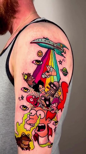 A colorful tribute to #futurama done by @maxvktattoos at @northwesttattoo in Eugene, OR 🌈 #TATTOODO | Tattoodo