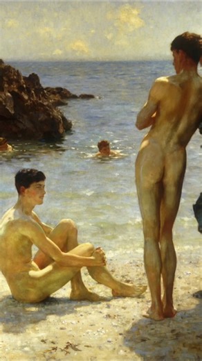 nude male figures basking in sunlight #oilpainting