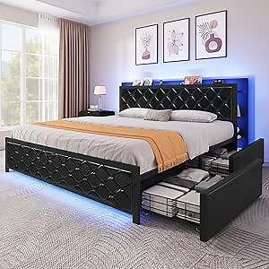 YITAHOME Queen Bed Frame with RGB LED Lights Headboard & 4 Storage Drawers, Modern Upholstered Faux Leather Platform Bed with USB-C Charging Ports, No Box Spring Needed, Black