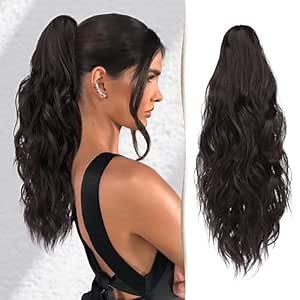 Pony Tails Hair Extensions 18" Claw Curly Clip in Hair Extensions Ponytail Wig Long Wavy Fake Hair Pony Tail Synthetic Hair Pieces for Women Girls Daily Wear - Black Brown Ponytail Extension