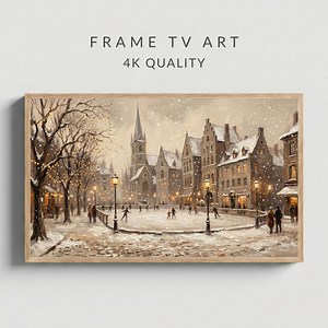 Winter Bilderrahmen TV Kunst, Schlittschuhlaufen am Altstädter Ring, Europäische Architektur, Kirchturmspitze, Verschneiter Abend, Impasto Ölgemälde, Vintage 4K - Etsy.de