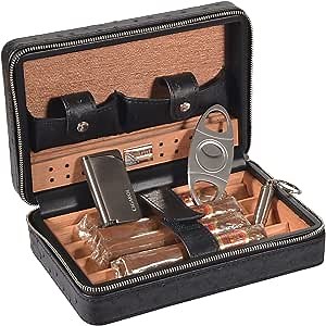Portable Travel Leather Cigar Case, Cigar Humidor with Cigar Cutter and Lighter for 4 Cigars