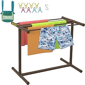 VEVOR Pool Towel Rack, 5 Bar, Brown, Freestanding Outdoor PVC T-Shape Poolside Storage Organizer, Include 8 Towel Clips, Mesh Bag, Hook, Also Stores Floats and Paddles, for Beach, Swimming Pool, Home