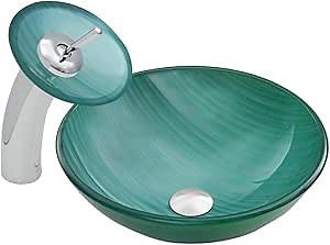 VIGO Whispering Wind Glass Vessel Bathroom Sink and Waterfall Faucet with Pop Up, Chrome