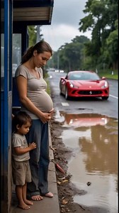 While a pregnant woman and her child are waiting for a bus at a bus stop, a Ferrari splashes muddy water onto them and then laughs. 💔🥺 | Acayipbiraile