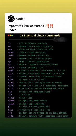 Important Linux command..‼️‼️ #love #StarsEverywhere #support #everyone #healthlopment #chatgpt #random #nodejsdeveloper #developer #indian #linux #linuxcommands #share | Coder