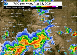 More afternoon shower and thunderstorm chances today. Here is one model depiction of those storms today and into tonight. This is just one model, so take it with a grain of salt. Main hazard with storms today is gusty winds. | US National Weather Service Riverton Wyoming