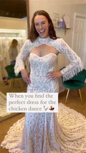 I mean it IS a wedding reception staple 🤣 If you are a bride who loves to dance, our Lara dress would be SO. MUCH. FUN. 💃 #weddingreception #chickendance #fringe #longsleeveweddingdress #happybride #bride #weddinginspo #weddinngdress #toofunny #dancethenightaway #havealittlefun | Believe Bride