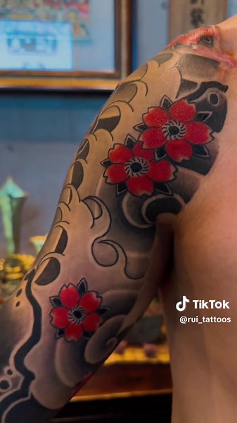 Rui_Tattoos (@rui_tattoos) - Sakura Half Sleeve for Philip, Dm on IG for booking info and availability! #fyp #asmr #traditionaljapanese #traditionaltattoos #tattoos #tattootiktok #tattooreel #houstontexas #tattooartist #flashtattoo #sleevetattoo #inkedmag #japanesesleeve #japan #americantraditionaltattoo