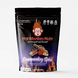 Hot Monkey Nuts Spicy Artisanal Peanuts | Cinnamonkey Spice - Flavored with Brown Sugar, Cinnamon, and Habanero, 7.5oz Resealable Pouch, Non-GMO, Gluten Free, Vegan, Hot Spicy Peanuts, (Pack of 1)