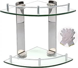 Bathroom Shelves, Glass Corner Shelf for Bathroom Tempered Glass Corner Shower Shelf Wall Mounted with 304 Stainless Steel Rail (2 Tier, with Installation Gloves)