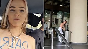 Notorious vegan activist protests TOPLESS outside court