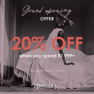 Don’t miss our opening weekend offer at the NEW Poetry store in Sea Point, Cape Town 🥂 Valid in-store only. | Poetry Stores