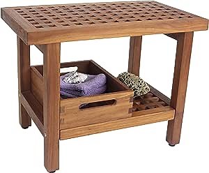 AquaTeak The Original 24" Grate Teak Shower Bench with Shelf & Moa Small Tray