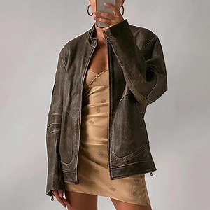 Ladies Distressed Brown Leather Bomber Jacket: Oversized 90s Biker Style Jacket, Gift for Her - Etsy