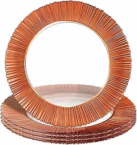 13 Inch Clear Glass Charger Plates with Rose Gold Trim, 4 Packs Glass Chargers Service Plates, Glass Chargers for Wedding Birthday and Various Occasions (Clear with Orange Edge)