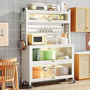Bakers Racks for Kitchens, Coffee Bar Cabinet, Kitchen Shelves for Spices, Pots and Pans with Dustproof Cabinet Door and Braked Castors