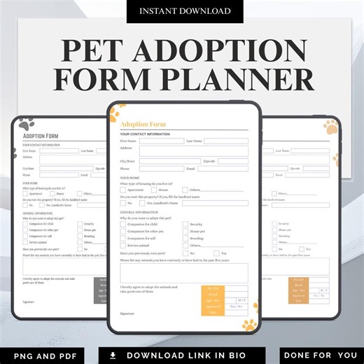 Pet Adoption Form Planner: Printable Tracker (US Letter & A4) - PDF PNG Instant Download - Etsy